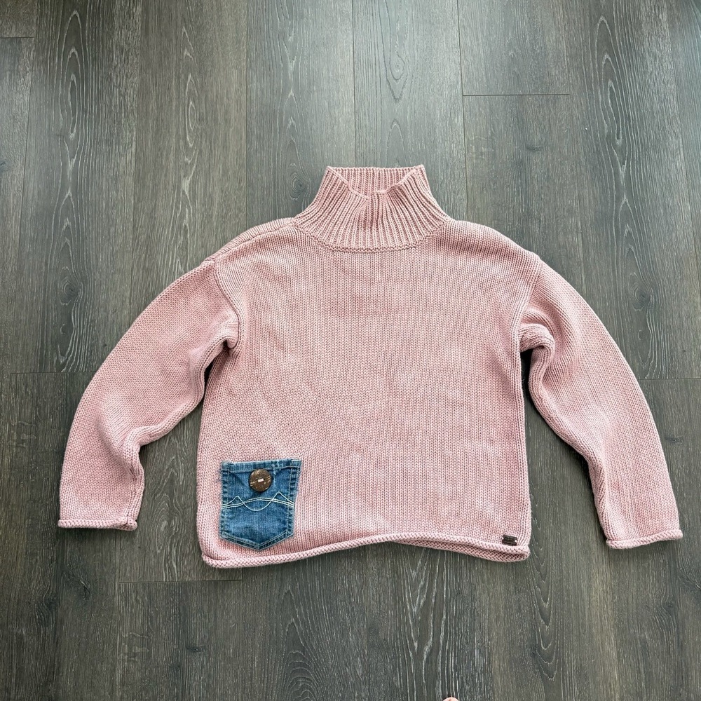 Shannon Passero Pink 100% Cotton Turtleneck Sweater Denim Pocket Size M Cottage